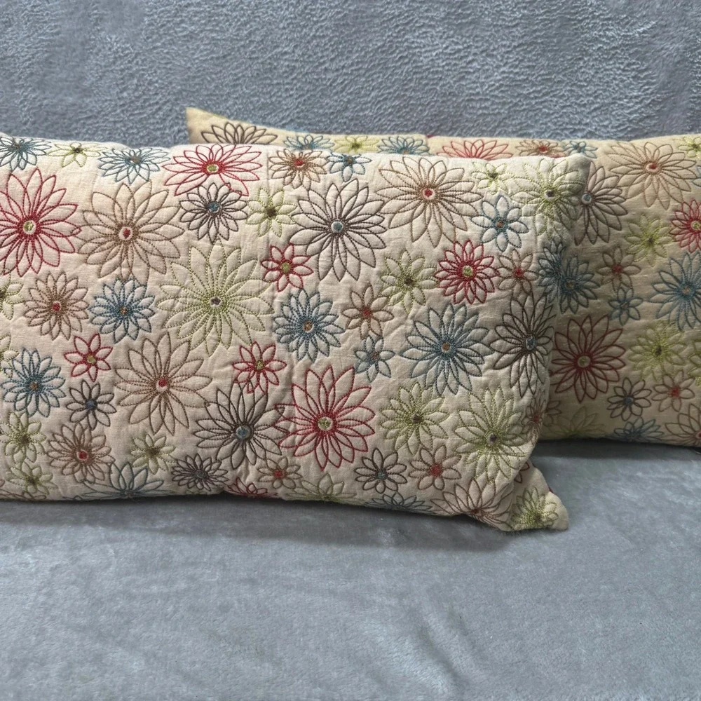 Pier 1 Embroidered Floral Lumbar Throw Pillows Set of 2 Striped Reversible Retro